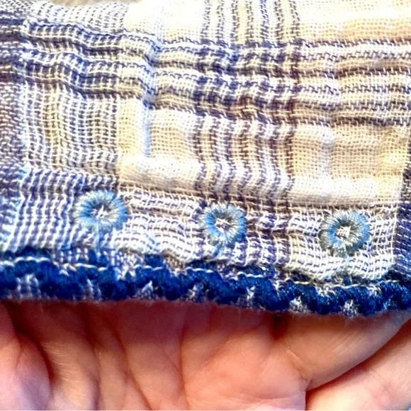 Johnny Was Simonee Flare Sleeve Blouse Plaid Geometric Embroidery Blue Size XS